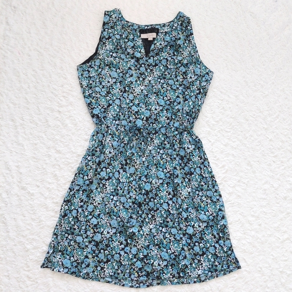 LOFT Blue Floral Tie Waist Sleeveless Dress- Size M - Picture 3 of 7